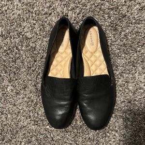 Birdies Black Leather Quilted-Insole Slip-On Flats